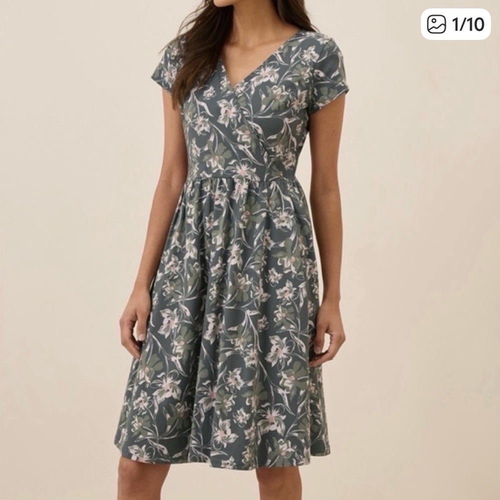 Pact Dress Womens XXL Green Gray Floral Organic Cotton V Neck Surplice Midi